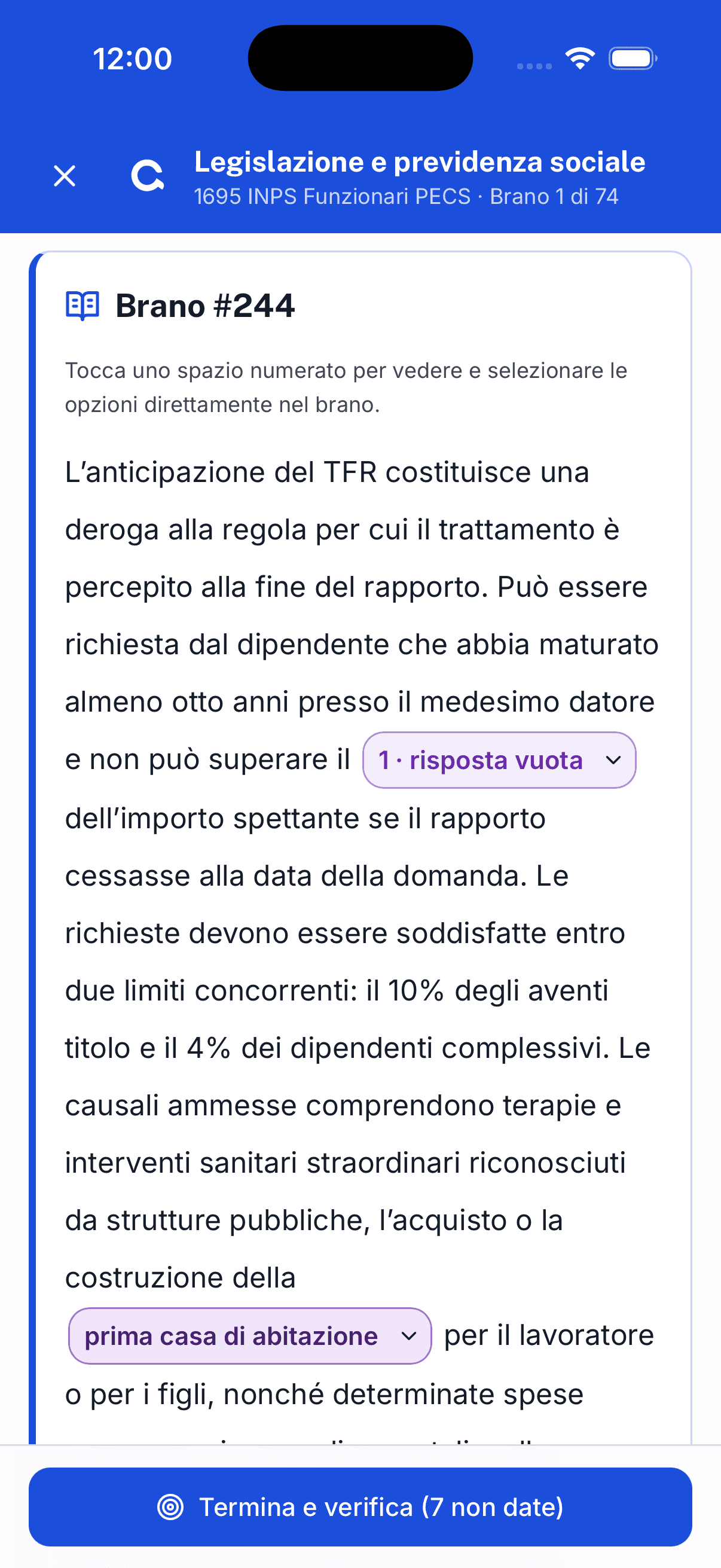 Esercizio Lacunari nell'app Concorsino con parole da inserire nel brano
